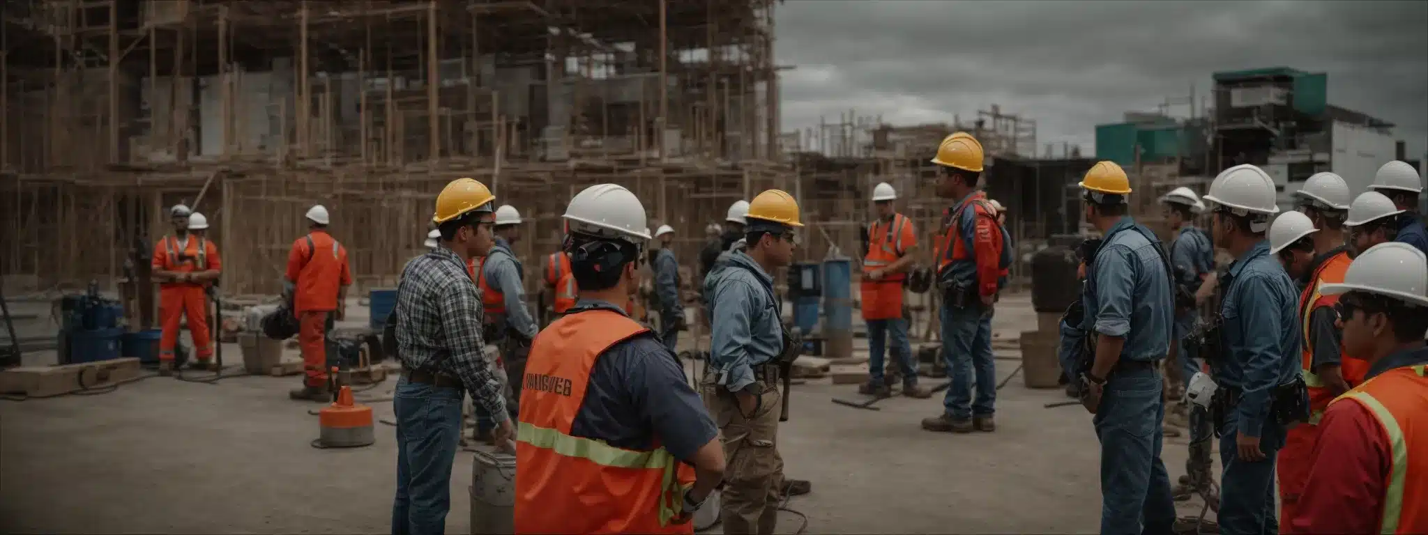 a group of construction workers in safety gear attends a safety briefing at a job site.