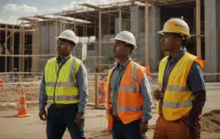 A Group Of Construction Workers Wearing Hard Hats And Safety Vests Participate In A Safety Training Session On A Building Site.