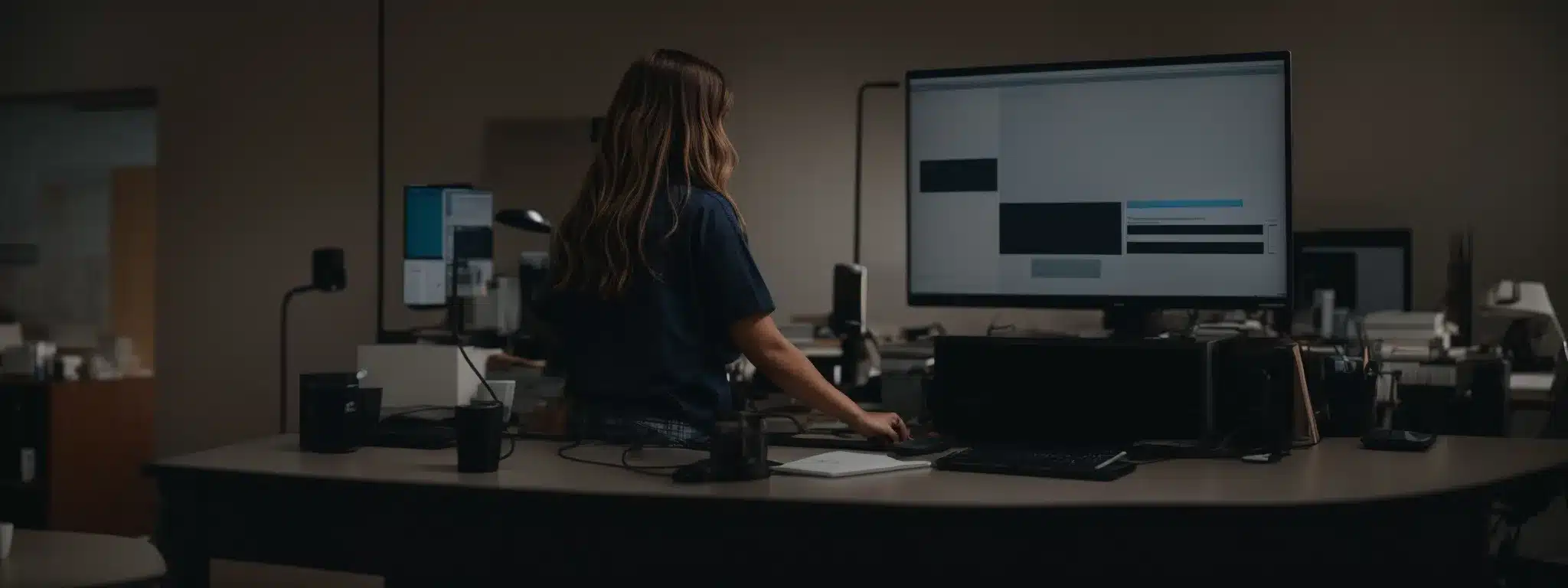 an office worker adjusts a stand-up desk to a comfortable height while another selectively positions her monitor and keyboard.