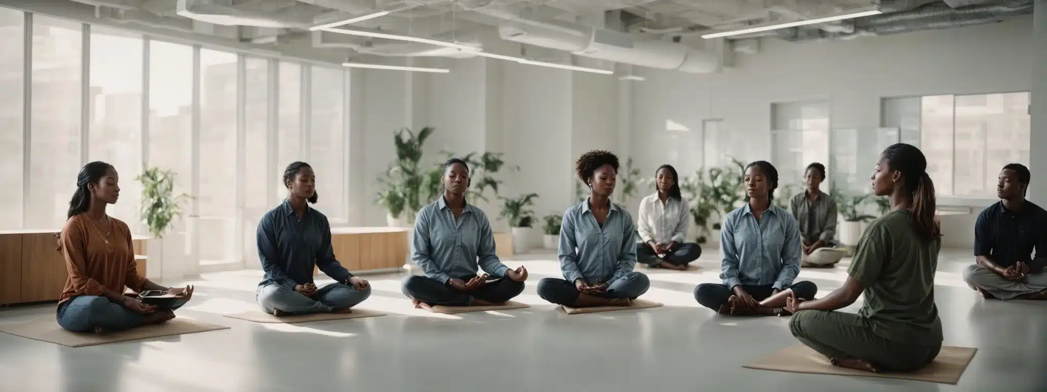 a group of diverse employees engaging in a peaceful meditation session in a bright, open office space.