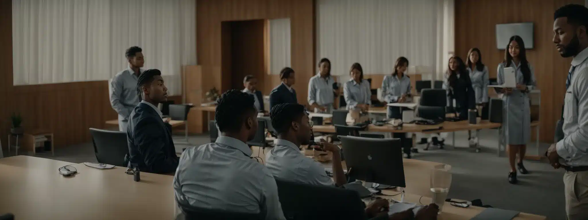 a diverse group of employees attentively participate in an ergonomic workshop led by a health professional in a spacious, well-lit conference room.
