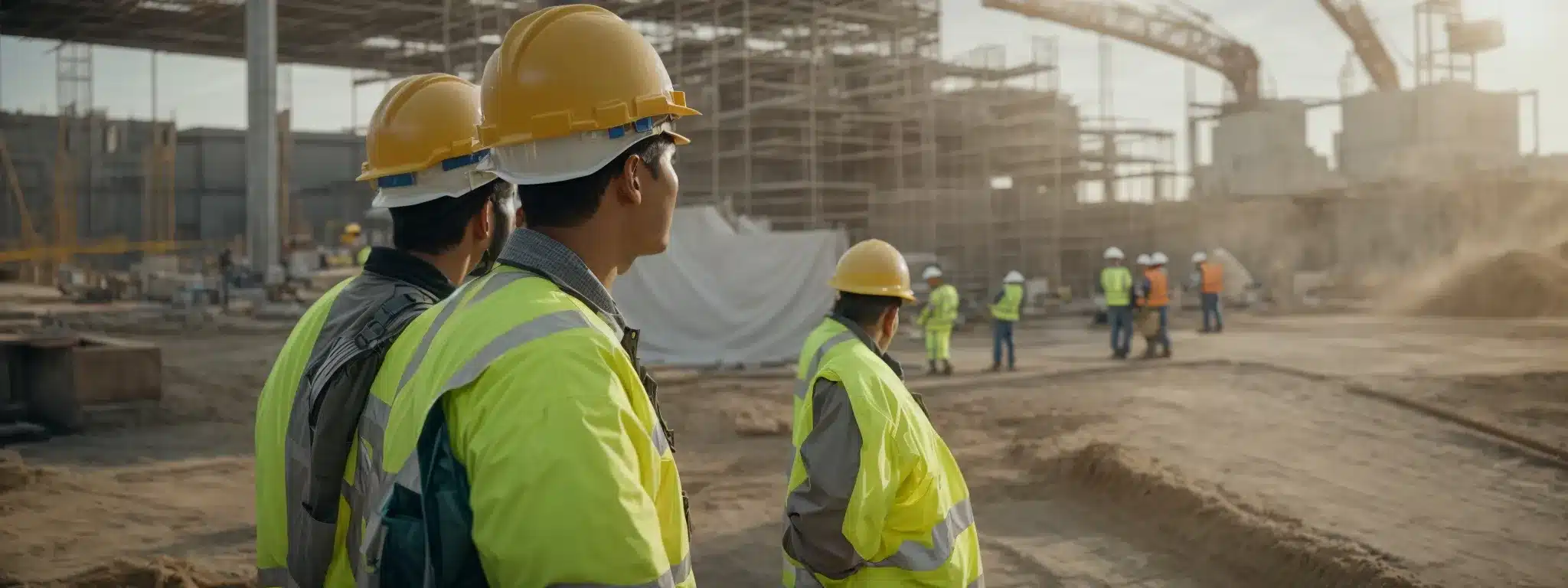 a construction site with workers wearing hard hats and safety vests while consulting blueprints.
