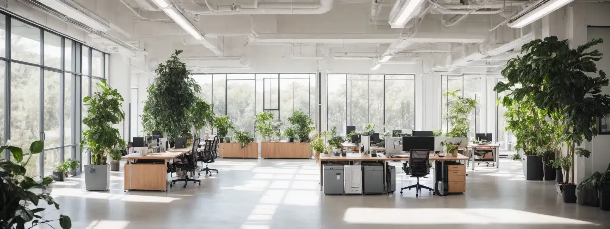 a bright, spacious office with ergonomic furniture, green plants, and large windows allowing natural light in.