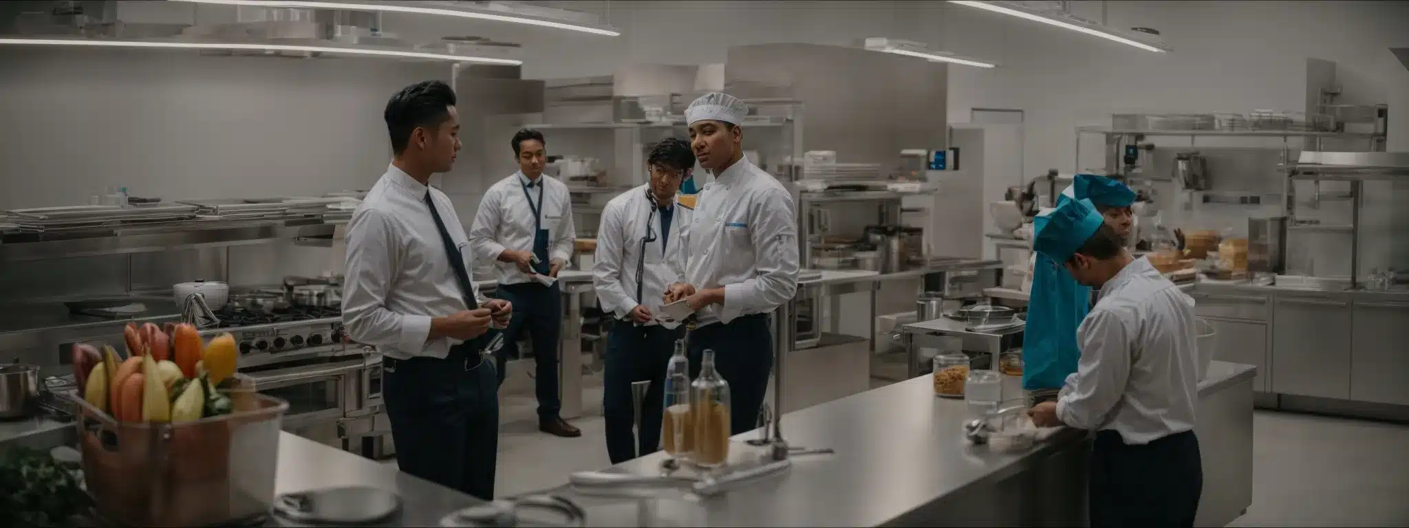 employees gather in a bright office kitchen for a healthy cooking demonstration.