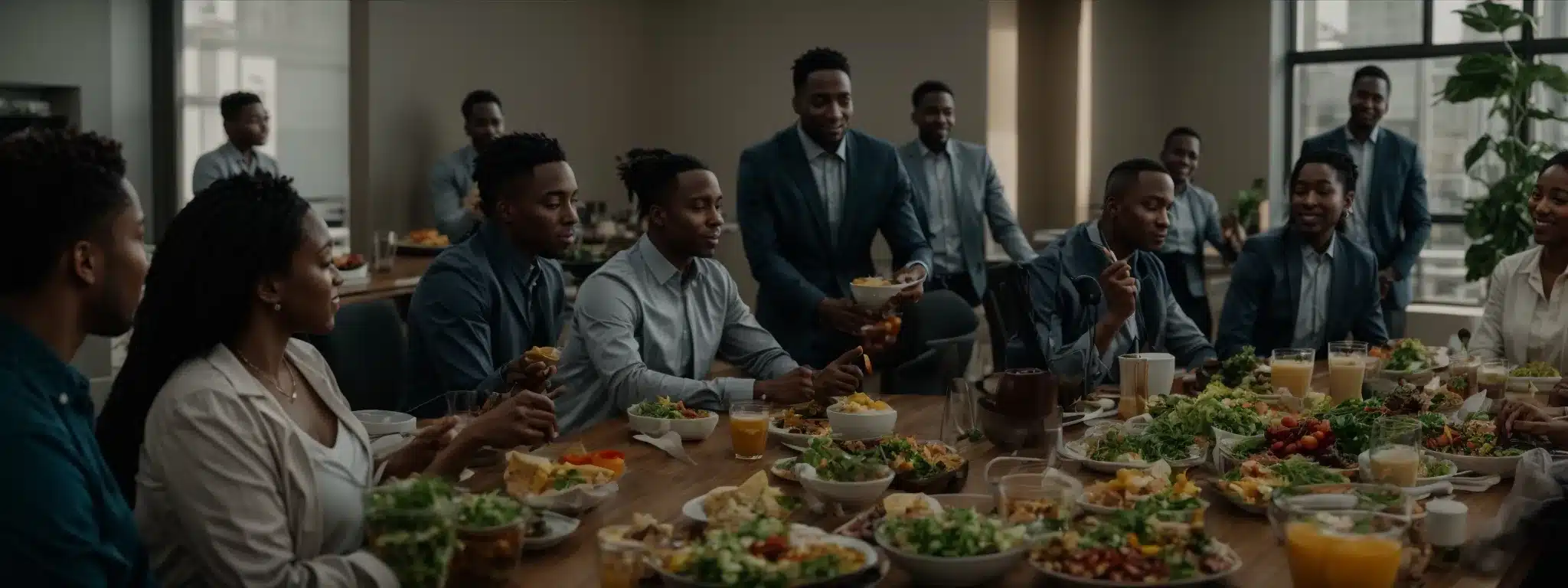 a diverse group of employees gathers around a table filled with healthy food options during a workplace wellness meeting.