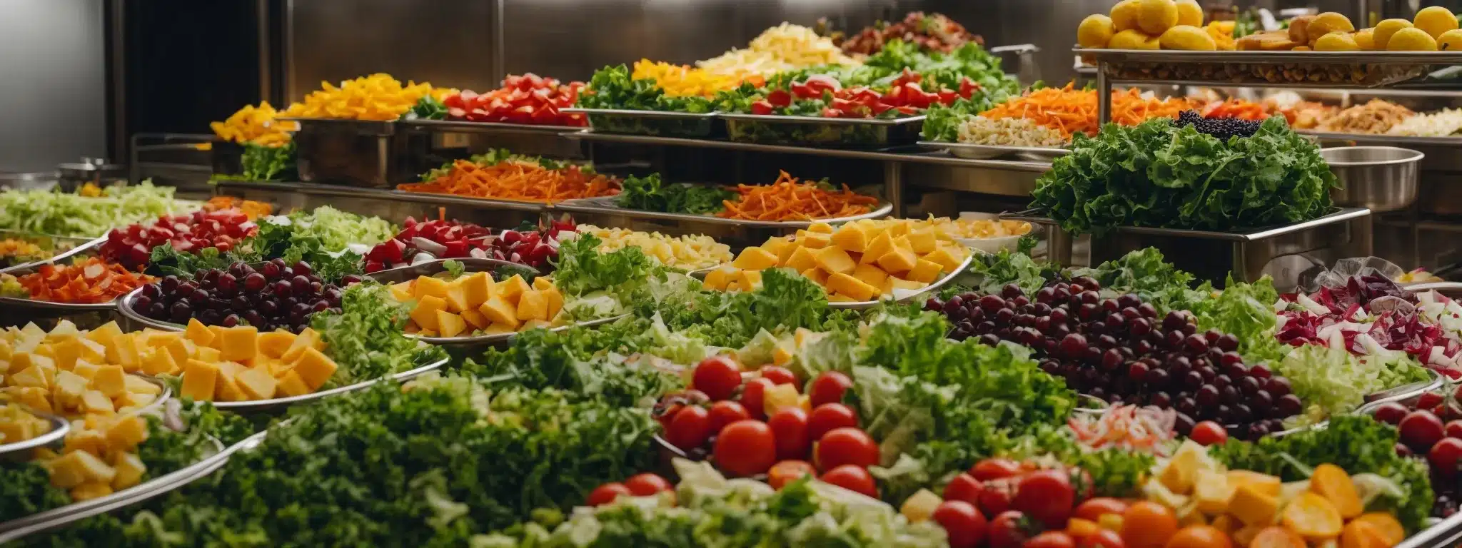 a cafeteria offering a colorful array of fresh salads and fruits as meal options.