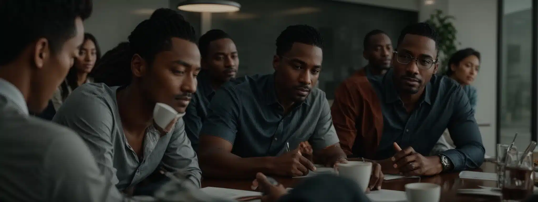a group of diverse colleagues gather around a modern boardroom table engaged in supportive discussion.