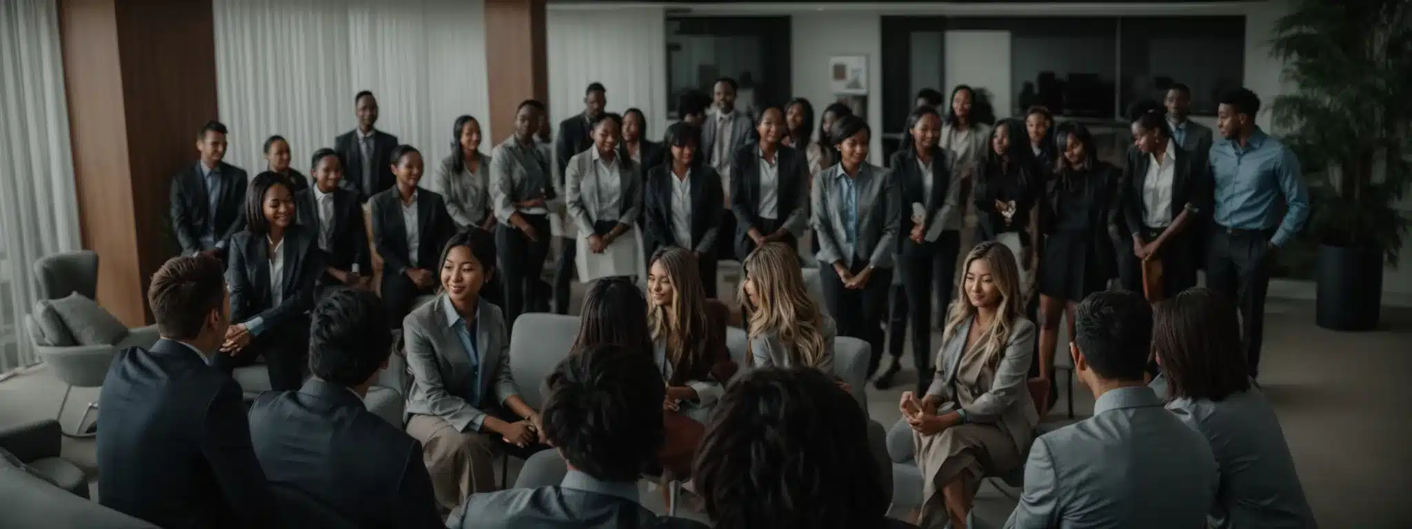 a group of diverse employees gathered in a circle for a team-building exercise in a modern office lounge area.