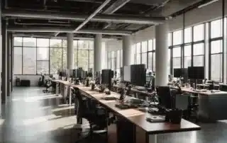 a row of ergonomic workstations with adjustable chairs in a well-lit, spacious office.
