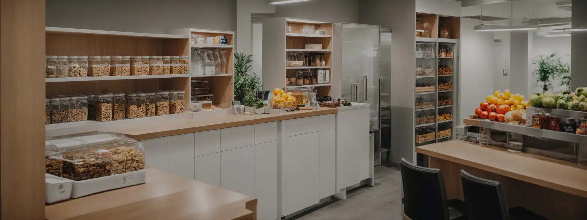 a spacious, modern office pantry stocked with fresh fruits, granola bars, and a water dispenser station.