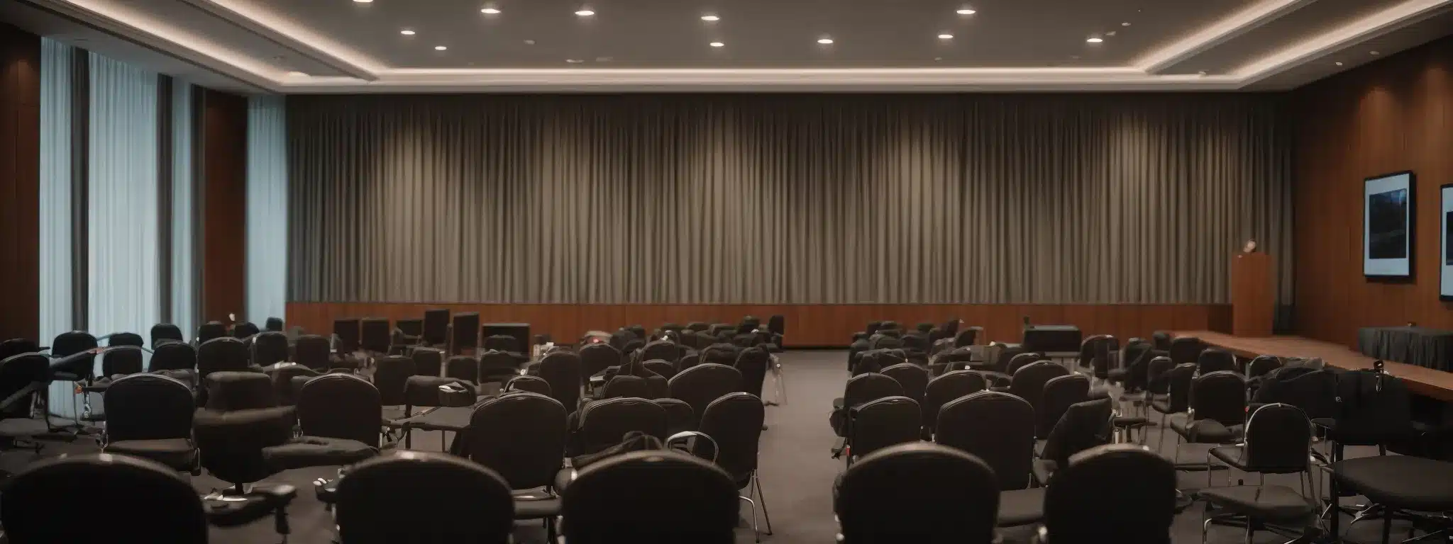 a conference room where a professional seminar on corporate compliance and risk management is being conducted.