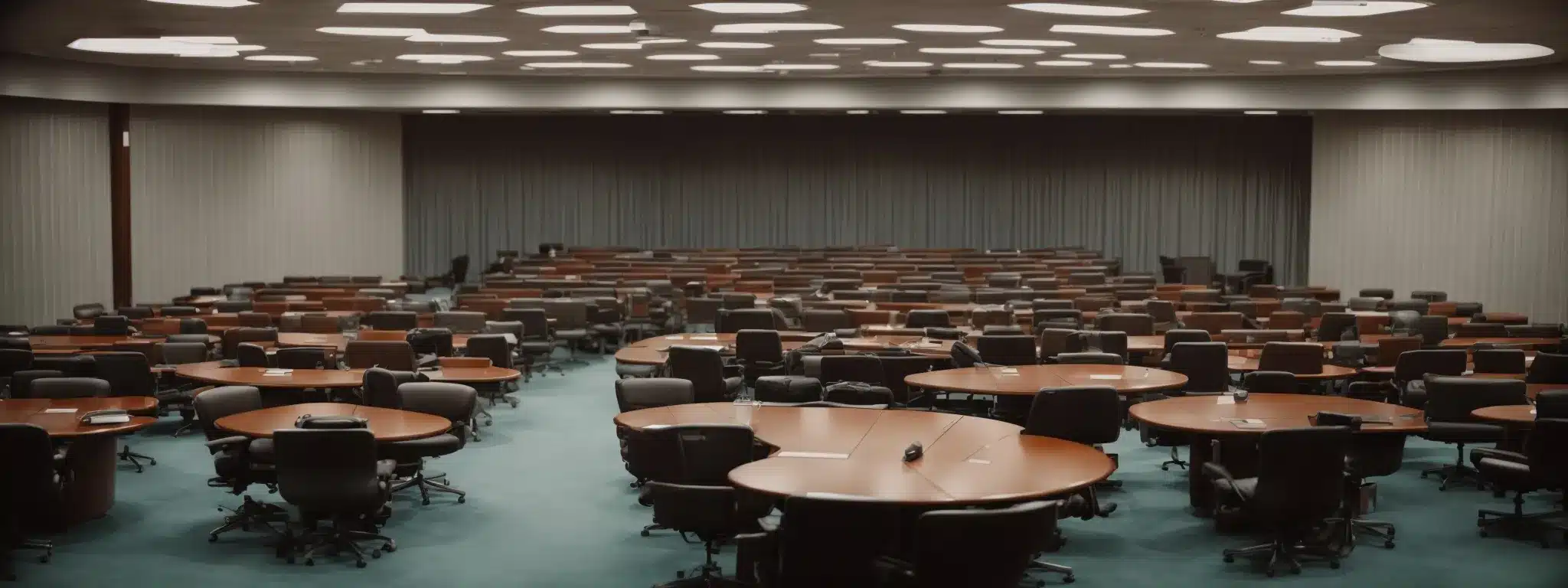a conference room with an open book on health laws and a round table surrounded by empty chairs.