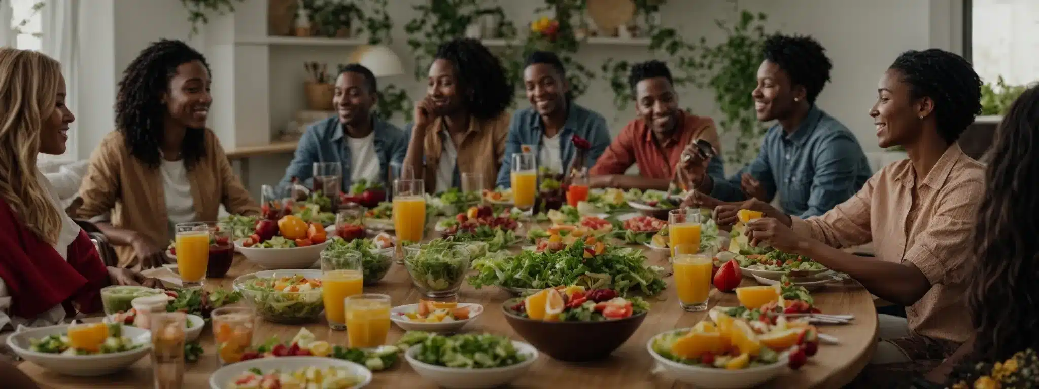 colleagues sit around a table with a spread of colorful, fresh salads and fruits, engaging in a lively discussion about healthy food choices.