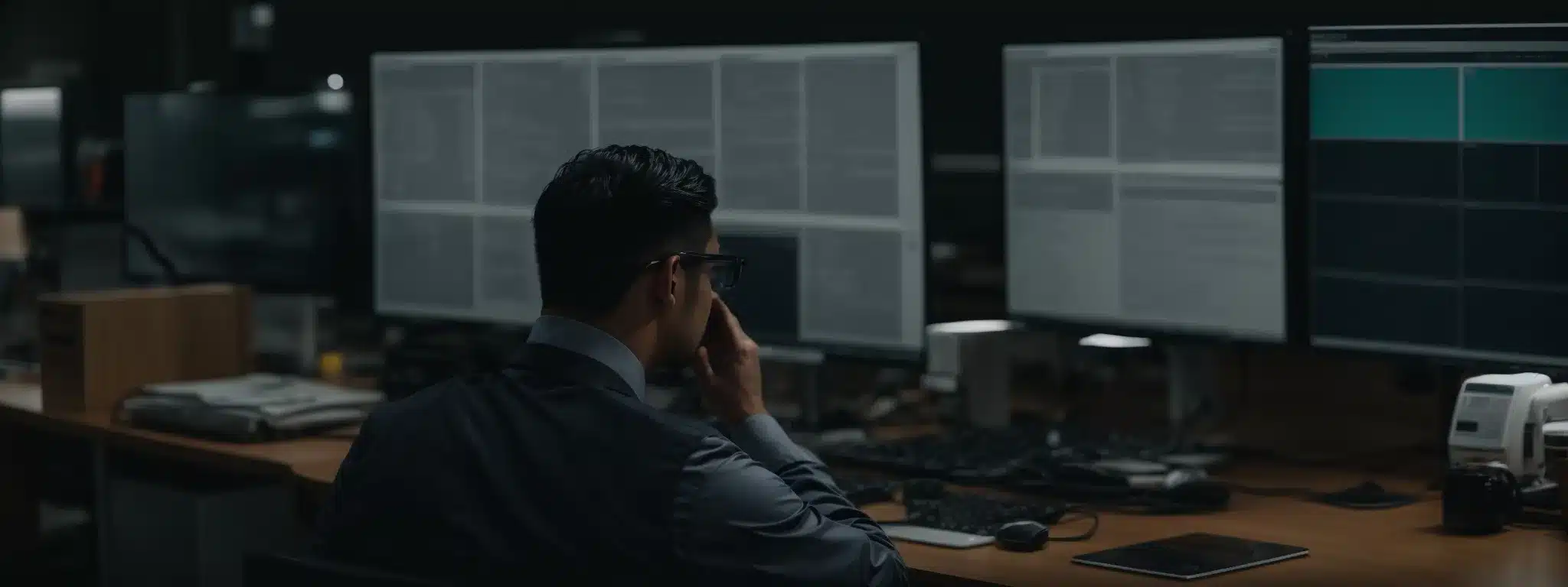 a health and safety officer is sitting at a desk, monitoring real-time data from employee wearable devices on a computer screen.