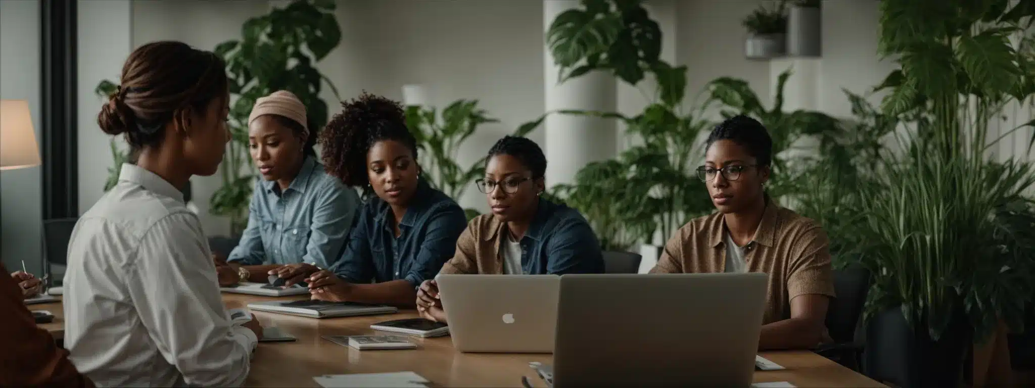 colleagues gather around a conference table, engaged in animated discussion and collaboration with a backdrop of office plants and open laptops.