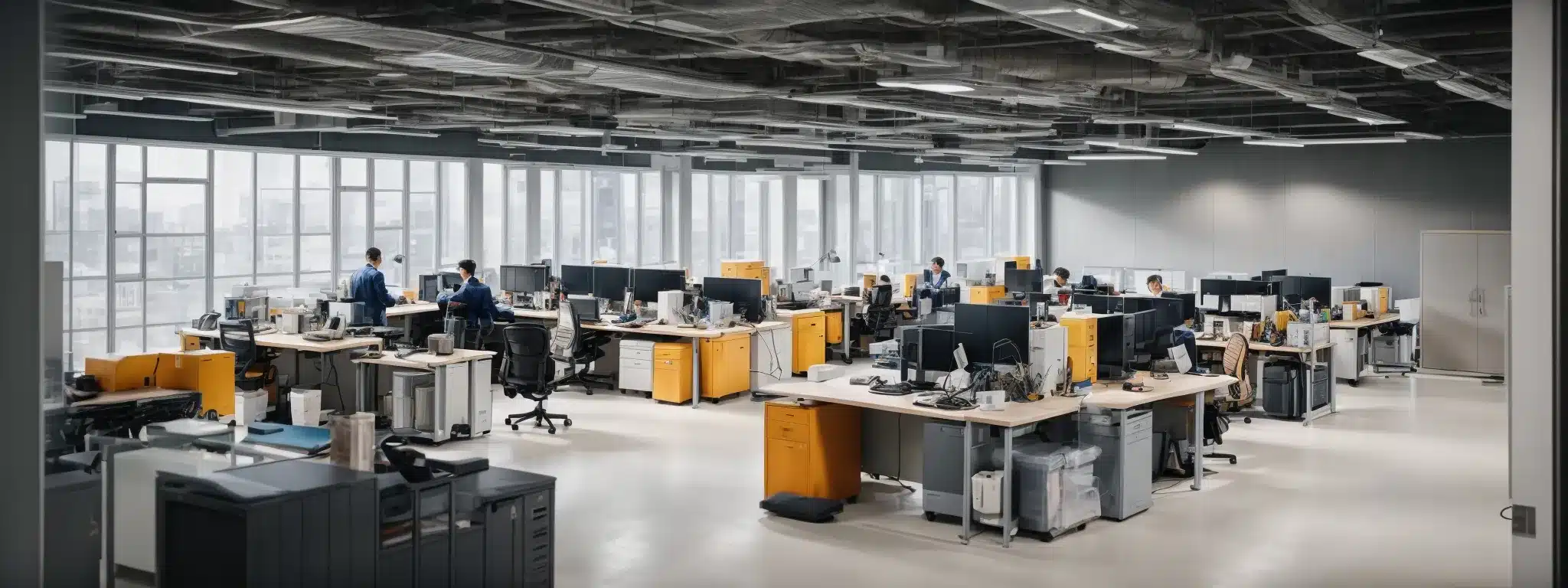 a well-lit, spacious office with workers at their desks, surrounded by safety equipment and clear walkways.