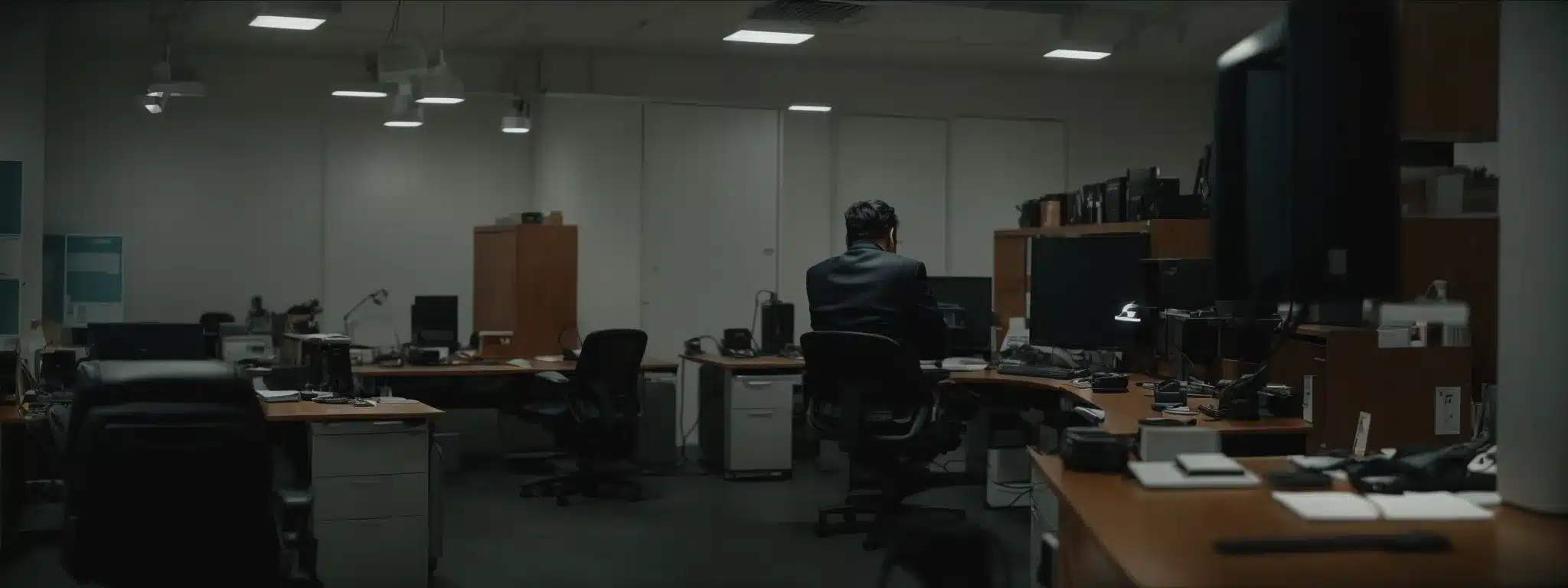 an employee adjusts their monitor and desk chair in a well-lit, spacious office.
