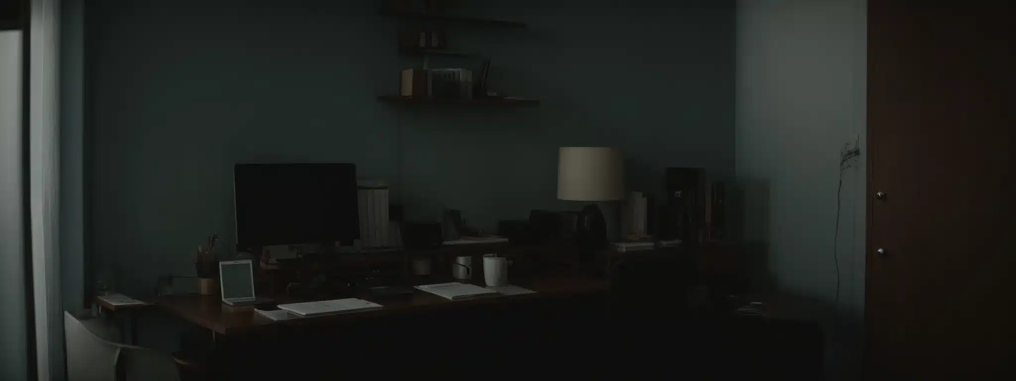 an office with an empty chair and a closed laptop on a desk, suggesting a break from work in a calm environment.