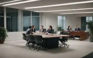 a group of professionals gather around a conference table, reviewing health and safety policies in a well-lit office.