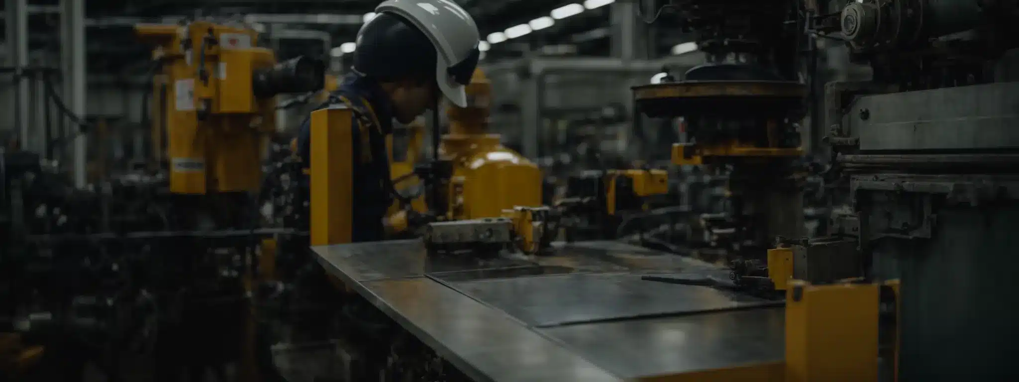 a worker in a hard hat inspects machinery with a clipboard in an industrial environment.
