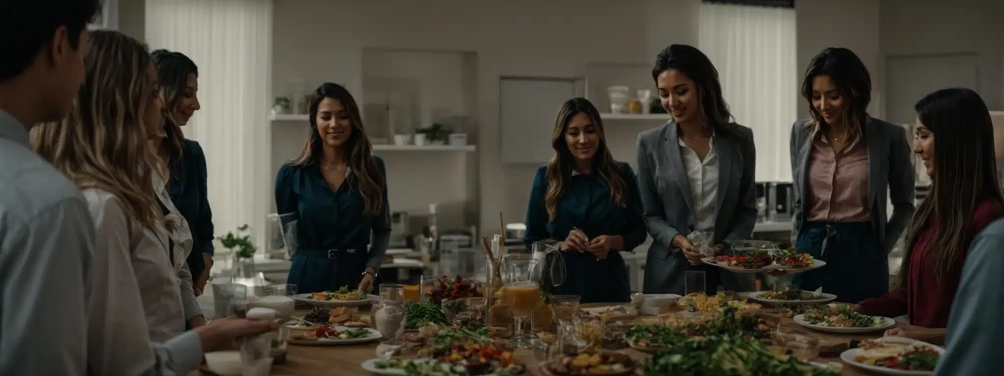 a group of office workers gather around a conference table for a nutritional workshop, led by a dietitian with a spread of healthy food options for sampling.