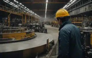 A Professional In A Hard Hat Inspects Machinery In A Spacious, Well-Organized Factory.