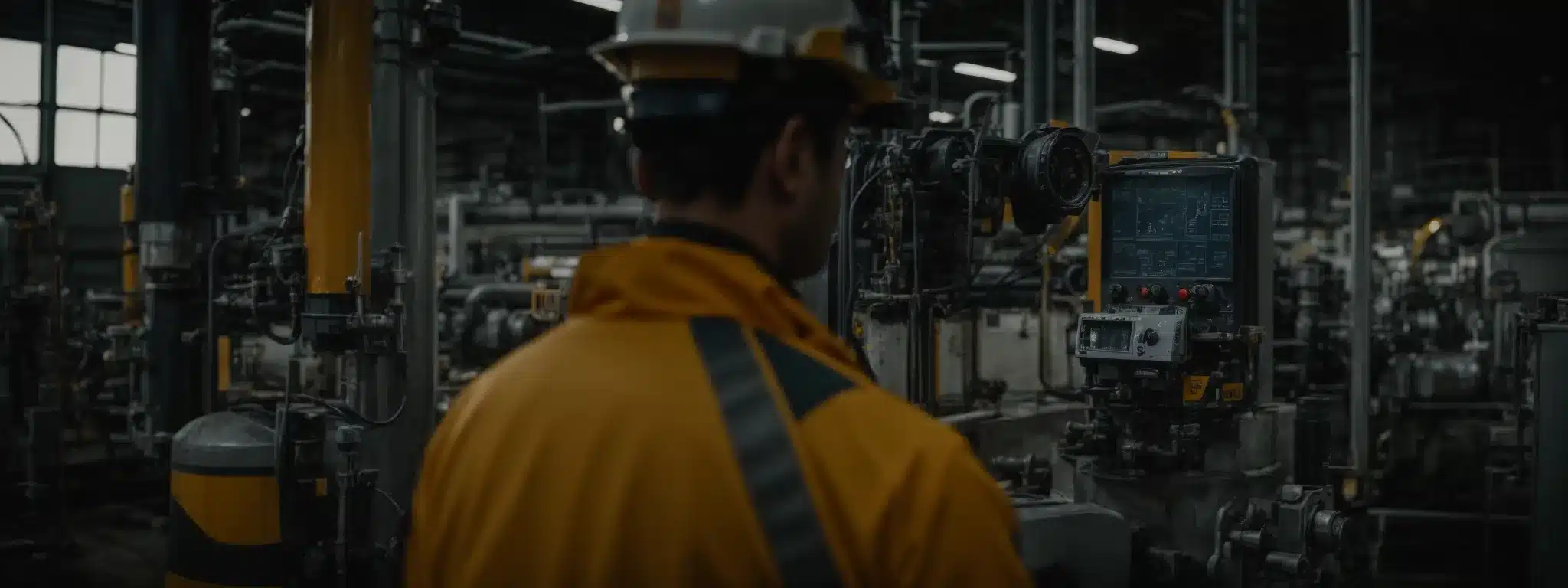 a professional in safety gear inspects industrial machinery to ensure compliance with safety standards.