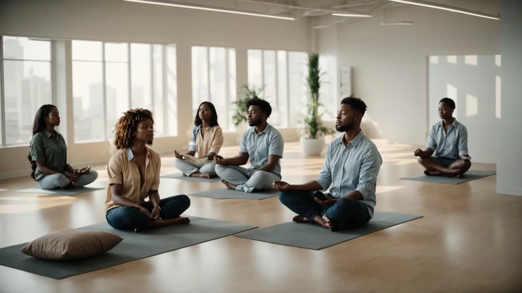 A Group Of Co-Workers Engaging In A Stress-Relieving Meditation Session In A Bright Office Space.