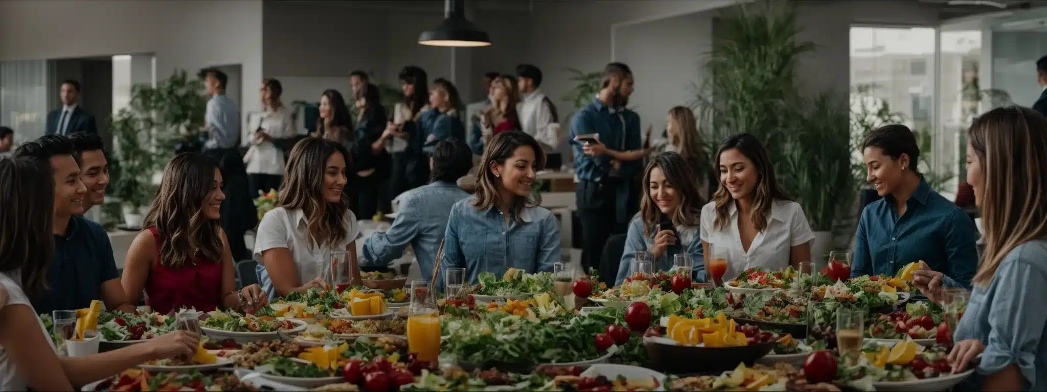 a group of employees gathers around a table filled with colorful salads and fruit platters during a healthy office luncheon.