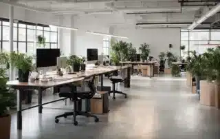 An Ergonomic Office Space With Standing Desks, Spacious Layout, And Plants Promoting A Healthy Work Environment.